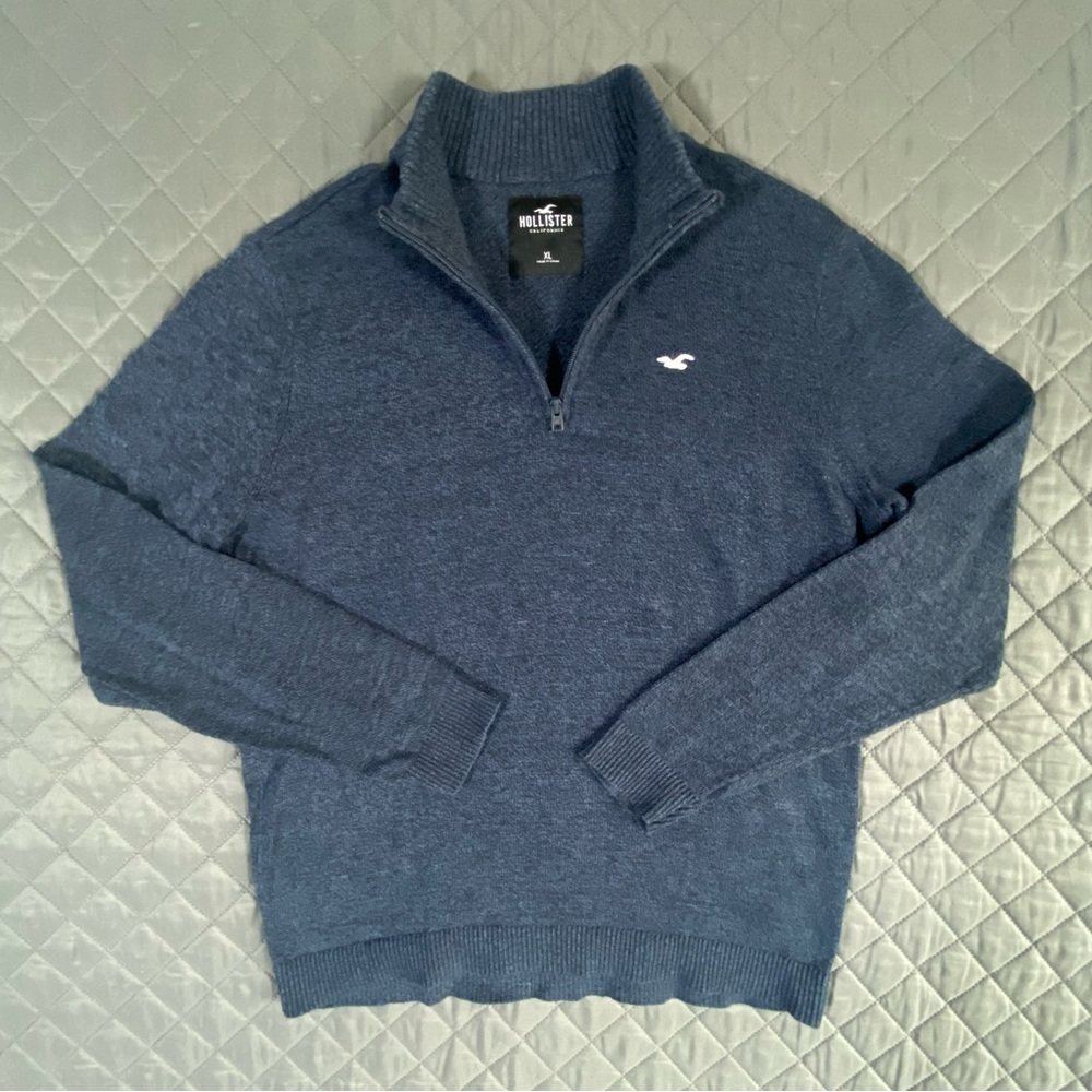 Set of Hollister Quarter Zip Knit Blue Sweater & 100% Cotton Shirt Burgundy S XL